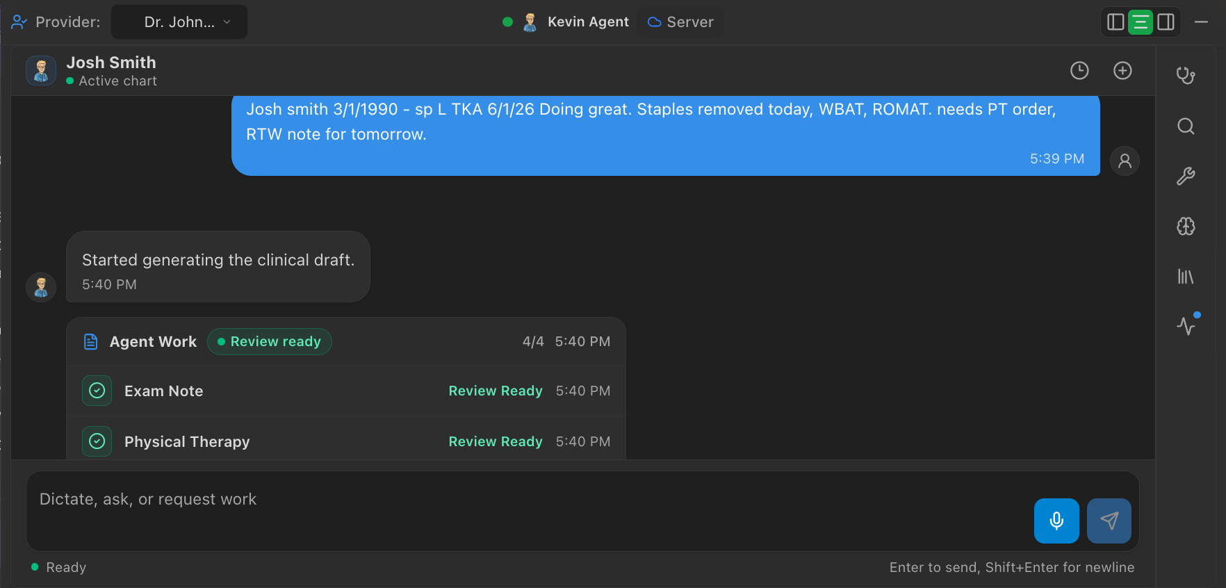 Kevin Agent turning a dictated visit into Review Ready drafts