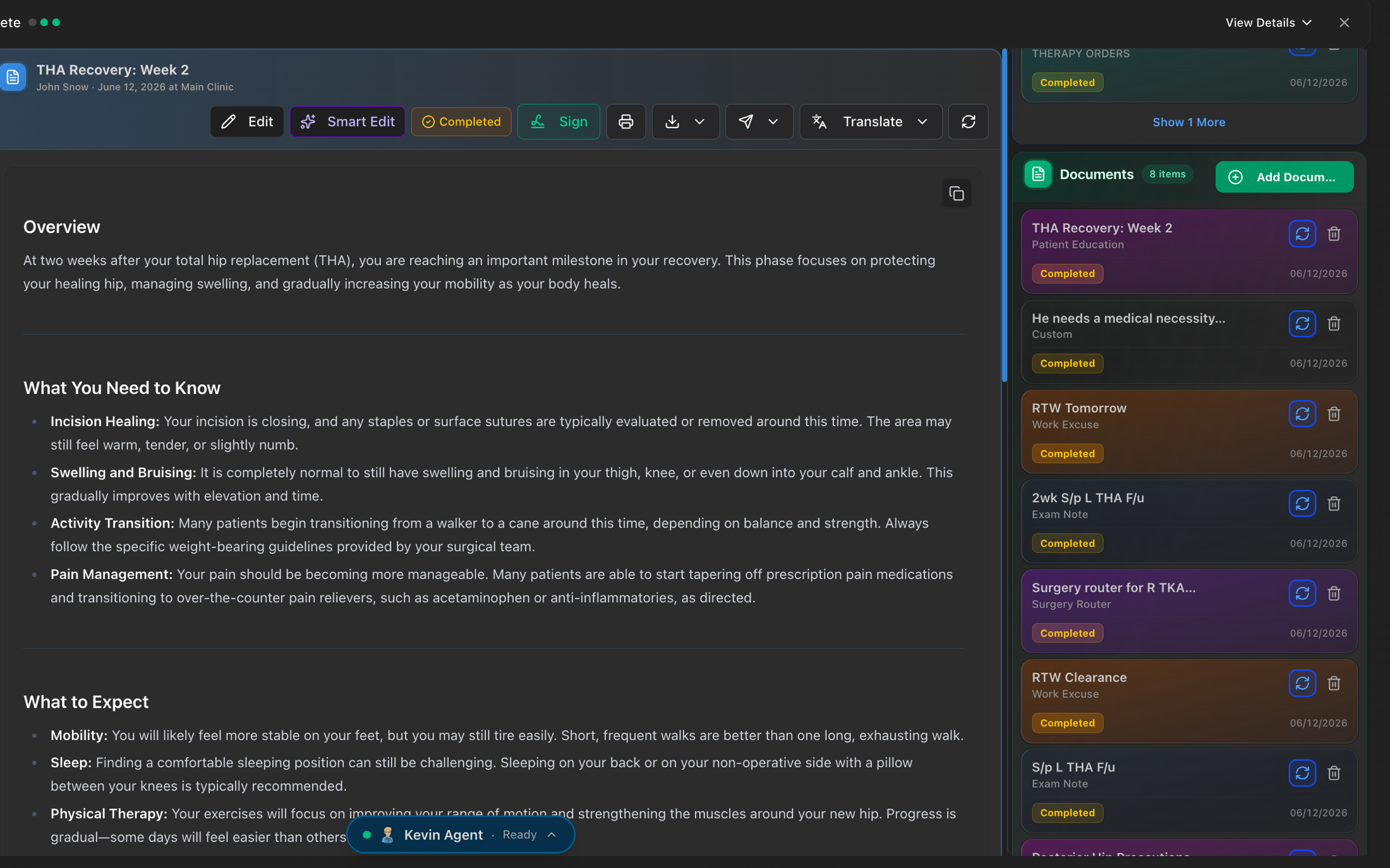 Patient education screen from the Kevin app