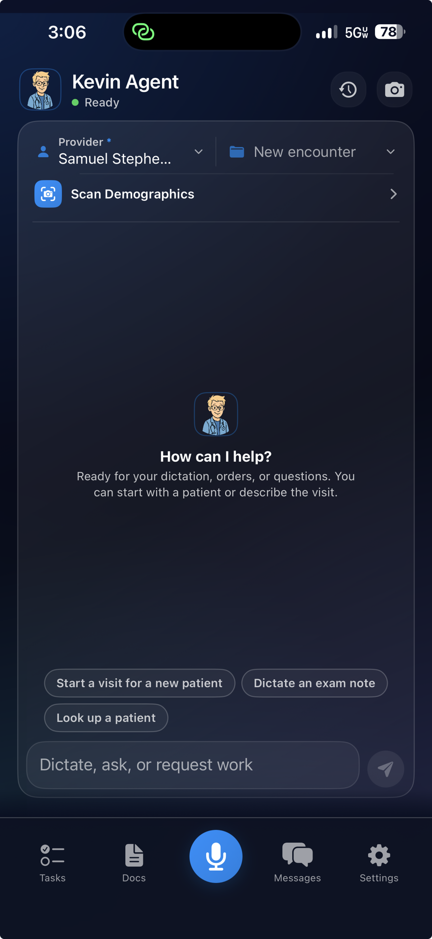 Kevin iOS app — agent intake screen ready for dictation, orders, or questions