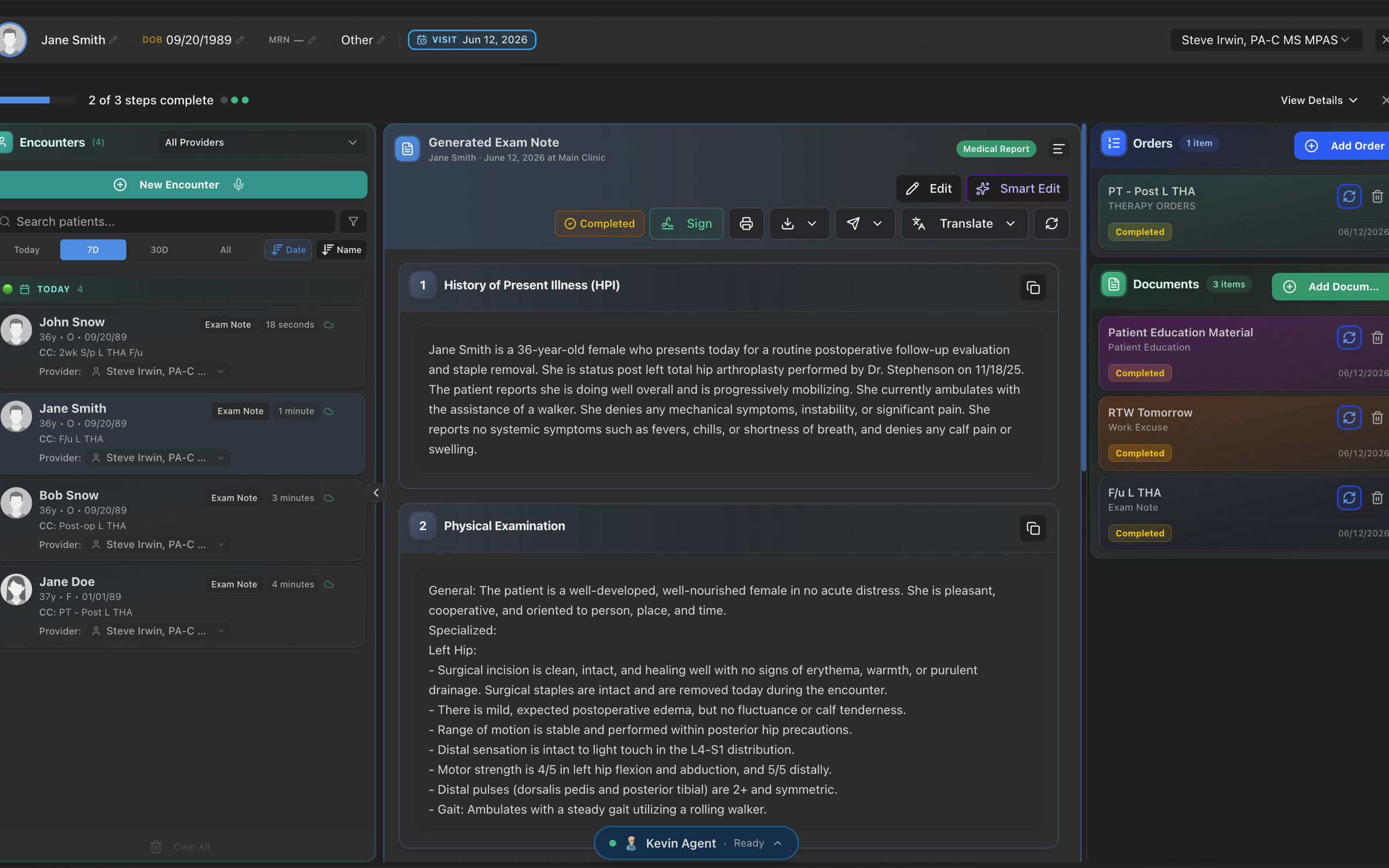 Kevin · Clinical workspace screen from the Kevin app